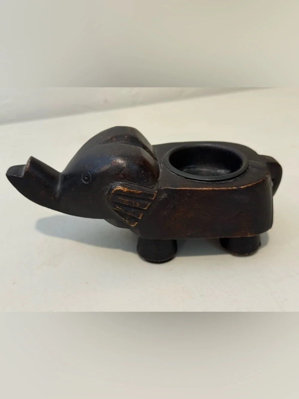 Hand Carved Brown Wood Elephant TeaLight Candle Holder Trunk Up Luck Shelf Decor